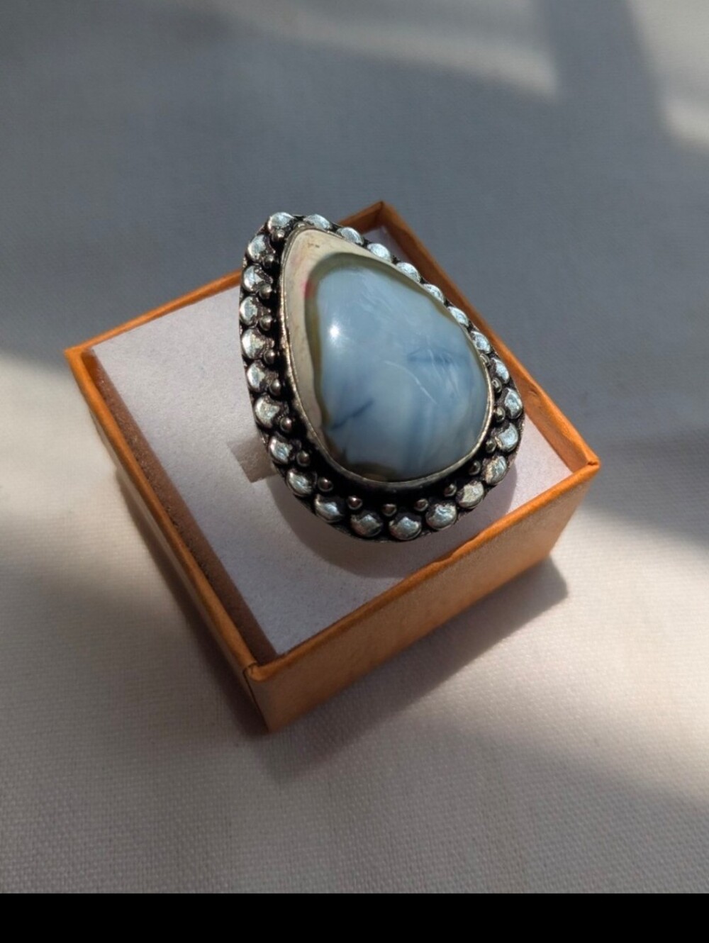 Rare Handcrafted Eye of Owyhee Opal Teardrop Ring (Size 7.25)